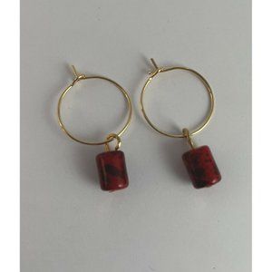 New Dainty Genuine Red w Black Coral Beads on Gold Filled Hoop Earrings 1.5”